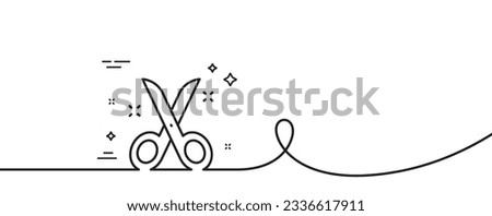 Scissors line icon. Continuous one line with curl. Cutting tool sign. Tailor utensil symbol. Scissors single outline ribbon. Loop curve pattern. Vector
