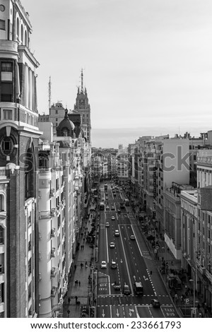 Aerial view of Gran ViÃ?Â­a and Madrid's skyline from Callao square on a Autumn early morning, with the Telefonica building and other landmarks to be recognized in the background. Toned.