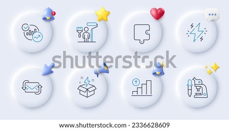 Creative idea, Painter and Power line icons. Buttons with 3d bell, chat speech, cursor. Pack of Refresh mail, Statistics, Microscope icon. Puzzle, Graph chart pictogram. For web app, printing. Vector