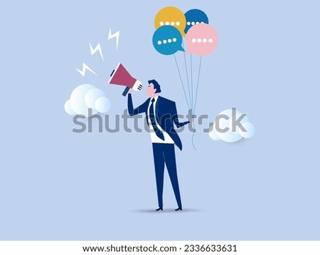 businessman holding speech bubble balloons while talking on megaphone. Communication or PR, Public Relations manager to communicate company information and media, announce sales or promotion concept.