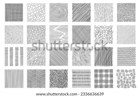 Hand drawn hatching. Hatched squaresdrawing technic, geometric shapes crosshatch strokes, simple doodle sketch design elements. Vector isolated set of hatching set abstract illustration