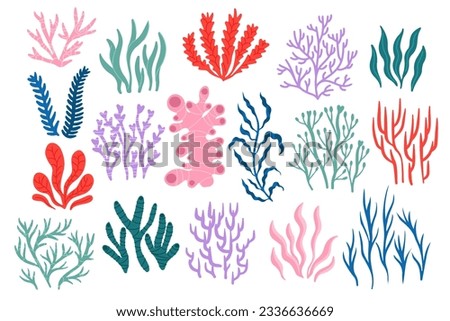Sea corals. Tropical underwater flora and fauna, colorful coral reef collection of various, marine botany for sticker design. Vector set of coral reef ocean, underwater marine tropical illustration Royalty-Free Stock Photo #2336636669