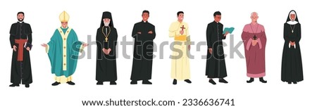 Catholic church characters. Christian religion church leader in different clothes, catholicism religious clergyman pastor priest pope. Vector cartoon set. Illustration of religion character collection Royalty-Free Stock Photo #2336636741