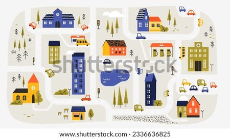Cute town map. Children street plan with buildings and trees, cute village landscape with houses and cars. Vector cartoon community street plan. Illustration of cartoon kids city plan Royalty-Free Stock Photo #2336636825