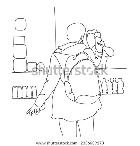 Man with backpack picking up fastfood at street sale point. Holding mobile phone in hand. Tourism. Black and white vector illustration in line art style.