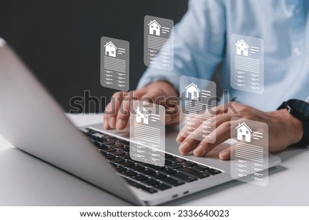 Real estate concept business, home insurance and real estate protection. Buy and sell houses and real estate online on a virtual screen Royalty-Free Stock Photo #2336640023
