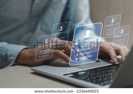 Human Resources Management HR, Employee Engagement and Development recruitment, employee and workplace. Manger checking the employees profiles online survey form. Royalty-Free Stock Photo #2336640025
