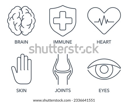 Icons set for Nutrient Supplement such as Omega 3 or vitamins. Brain, Immune, Heart and Eyes, Skin and Joints support Royalty-Free Stock Photo #2336641551