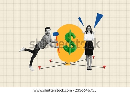 Photo collage illustration of two colleagues businesspeople together man hold hammer run savings money bag isolated on plaid background