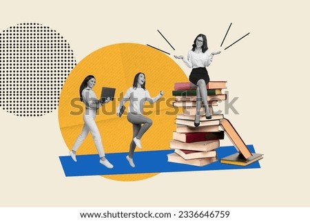 Composite illustration photo collage of excited students go to class on university course isolated on creative colorful background
