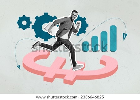 Picture collage concept euro currency growth economics countries works good businessman running trade money isolated on blue background