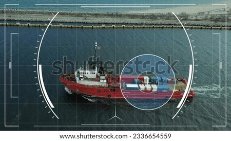 Aerial Drone Vision of Red Boat Swimming Towards Open Sea Tracking Shot Royalty-Free Stock Photo #2336654559