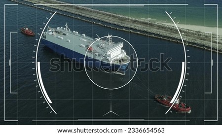 Aerial Drone Vision of Tugboat Towing Ship Entering Harbor Docks Royalty-Free Stock Photo #2336654563