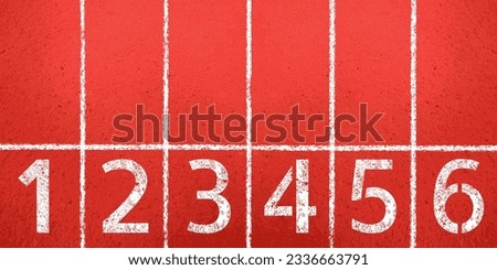 Top view of the starting position of the red rubber surface of the running track. Aerial view of the stadium competition lane numbers separated by white lines. Vector illustration of sports background Royalty-Free Stock Photo #2336663791