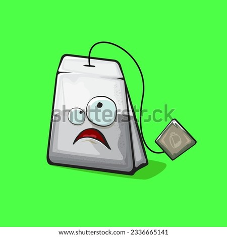 Tea bag character. Cartoon tea bag isolated on green background. Funky paper tea bag character with eyes and mouth. Vector white teabag clip art, emoji, label and sticker