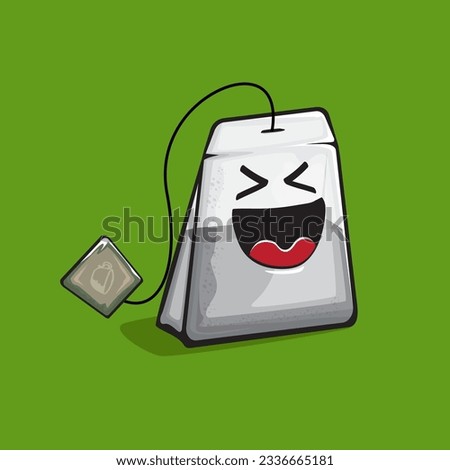 Tea bag character. Cartoon tea bag isolated on green background. Funky paper tea bag character with eyes and mouth. Vector white teabag clip art, emoji, label and sticker