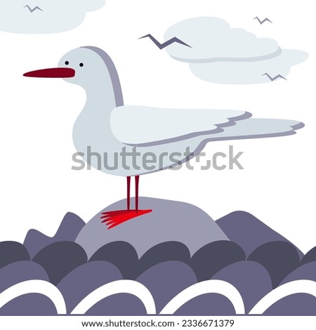 Cute seagull on rock cliff sea background. Vector illustration