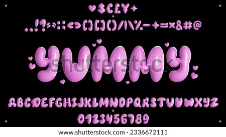Vector illustration - 3D Pink Bubble Typeface Design. Trendy font with glossy plastic effect. Set includes: Alphabet, Numbers, Punctuation Marks, Currency Marks, Stickers.
