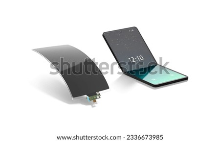 Blank turned on flexible clamshell and flip phone display mockup, 3d rendering. Empty folded touchscreen for elastic gadget repair mock up, isolated. Clear smartphone frame prototype. 3D Illustration