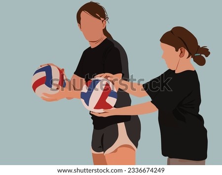 Coaching volleyball. The female volleyball coach is teaching her student how to serve