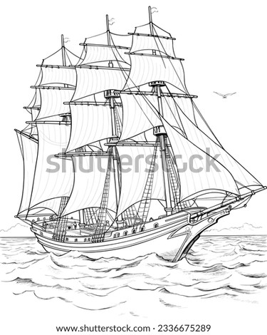 Ship coloring sailboat. Ship black and white educational coloring pages for kids coloring page ready to print. Vector illustration.