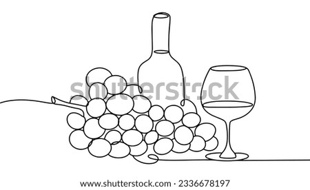 A bunch of grapes, a bottle and a glass of wine. International Cabernet Day. One line drawing for different uses. Color vector illustration. Royalty-Free Stock Photo #2336678197