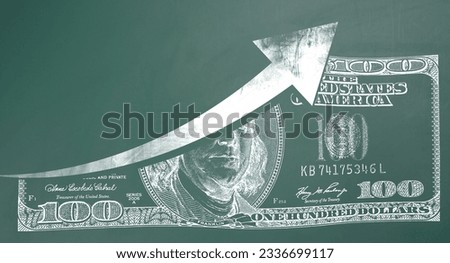 Print of a one hundred-dollar American bill on a green chalkboard and an upward arrow. Concept of inflation increase, currency exchange rate growth Royalty-Free Stock Photo #2336699117