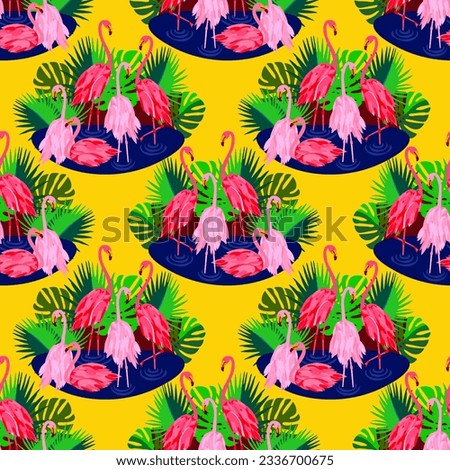 Vector - flamingo family standing in the water, with jungle arround, seamless pattern