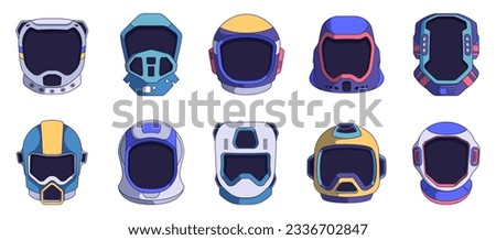 Cute astronaut helmet set. Cartoon cosmic spacesuit helmets with funny stickers, flat universe spaceship avatars for sticker chat application. Vector collection. Futuristic cosmonaut costume Royalty-Free Stock Photo #2336702847