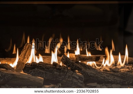Burning gas fireplace with firewood close-up Royalty-Free Stock Photo #2336702855