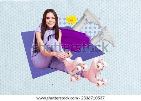 Photo collage of young charming female student girl sitting lace up her rollerblades summertime isolated on blue drawing background