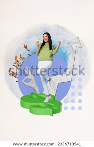 Photo collage picture of young crazy winner business lady fist up increase graphic investment portfolio growth isolated on drawn background