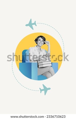Collage artwork graphics picture of smiling thoughtful lady dream going summer vacation isolated white color background