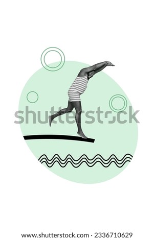 Vertical abstract creative composite photo collage of funny satisfied man jumping in pool at resort isolated on white color background