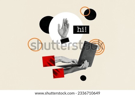 Collage sketch template online conference meeting video meeting hi symbol waving palm greetings laptop isolated on drawing background Royalty-Free Stock Photo #2336710649