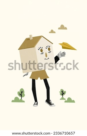 Vertical collage of funny headless surreal house person picture cartoon illustration send flying airplane isolated on beige background