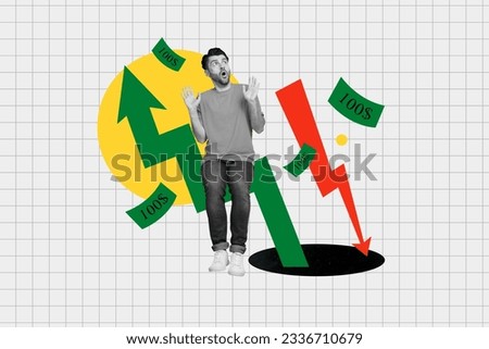 Creative drawing collage picture of shocked young man raise hands arrows point up down dollars banknotes earnings economist banker