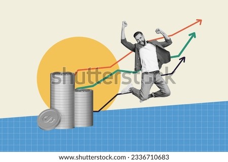 Photo artwork creative collage of funny young businessman jumping carefree celebrate his funds price growth isolated on white background