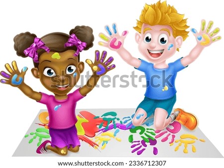 Cartoon black and white boy and girl playing with paints looking very messy