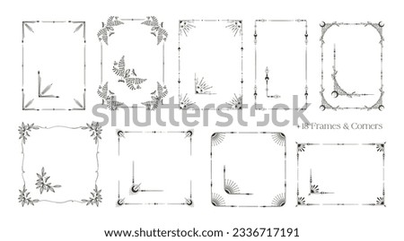 Set of floral and geometric celestial frames, magic space ornate corners with mystic insects, fern leaves, moons, abstract decorative elements, vector clip arts made in bundle