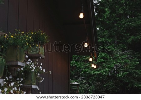Cozy patio of wooden cabin decorated with warm light garland, summer night
