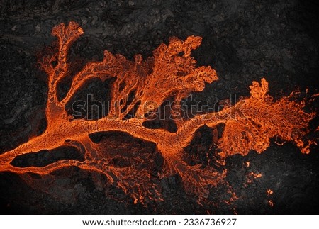 Aerial view of the texture of a solidifying lava field, close-up Royalty-Free Stock Photo #2336736927
