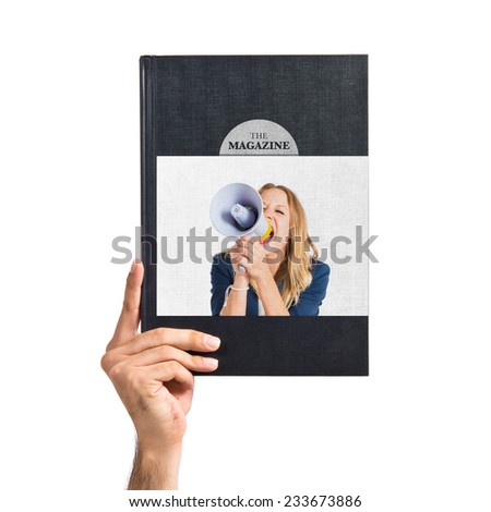 Woman shouting printed on book