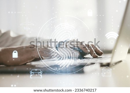 Multi exposure of abstract fingerprint scan interface with hands typing on computer keyboard on background, digital access concept