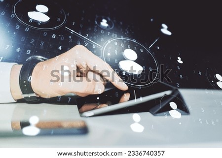 Social network concept with finger clicks on a digital tablet on background. Multiexposure