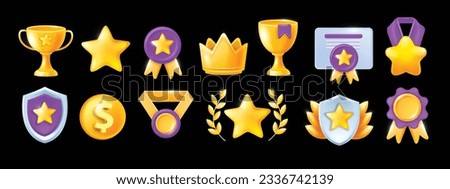3D high quality professional icon set, vector recognition award medal kit, UI game level up reward. Golden cup, guarantee medal diploma, certified winner shield, customer prize crown. Quality icon 