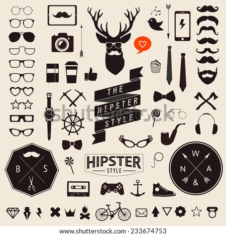 Huge set of vintage styled design hipster icons Vector signs and symbols templates for your design Largest set of phone, gadgets, sunglasses, mustache, ribbons infographcs element and other things. 