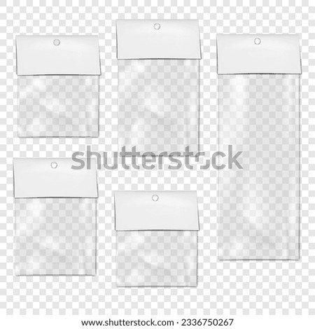 Empty clear plastic pouch bag with white blank paper top and hanging hole. Vector mock-up set. Transparent nylon package mockup Royalty-Free Stock Photo #2336750267