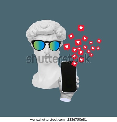 Antique statue's head in sunglasses holds mobile phone with black blank screen with social networks like symbols on color background. Trendy collage in magazine style. Contemporary art. Modern design