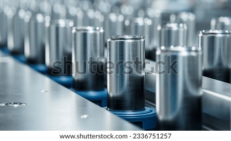 Close-up of High Capacity Battery on Conveyor Line. Battery Cells for Automotive Industry on Production Line. Lithium-ion Cells for High-voltage Electric Vehicle Batteries Manufacturing Process Royalty-Free Stock Photo #2336751257